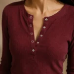 Women’s Long Sleeve Henley Top – Fitted Ribbed Casual Blouse