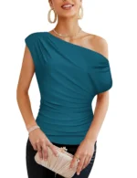 Women’s Sequin One Shoulder Top – Sparkly Ruched Party Shirt - Image 3