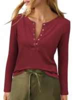 Women’s Long Sleeve Henley Top – Fitted Ribbed Casual Blouse - Image 4